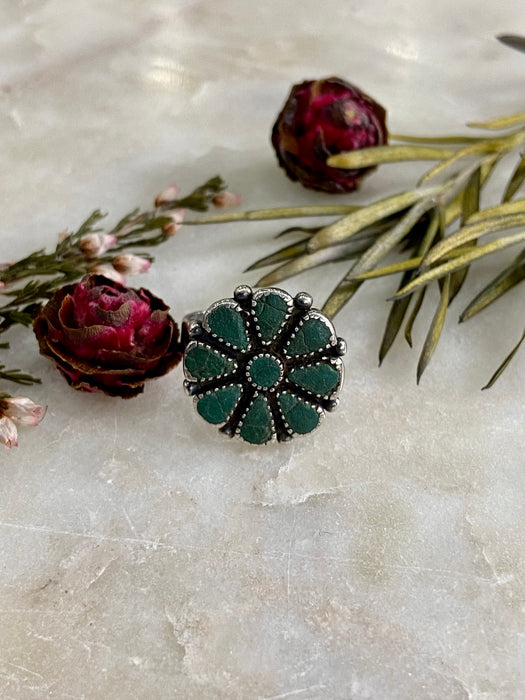 Vintage Dark Turquoise Flower Sterling Ring