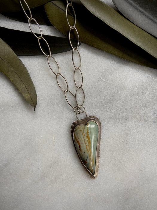 Bezel Gary Green Jasper Heart Pendant Necklace