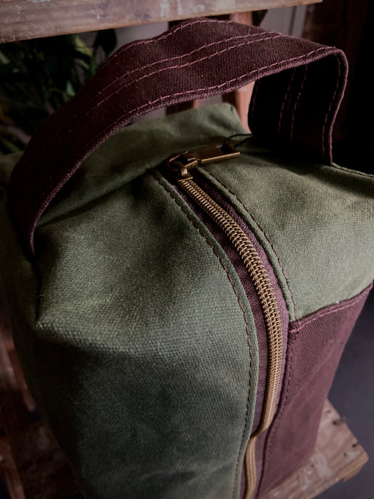 Waxed Canvas Toiletry Bag - Green/Dark Brown