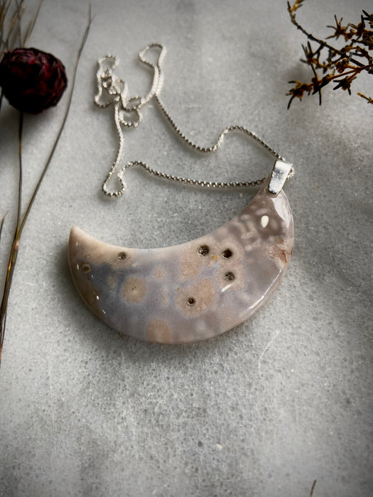 Large Ocean Jasper Moon + Sterling Chain Necklace