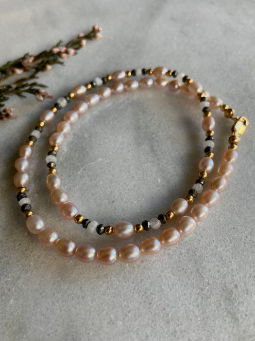 Pale Pink Pearls + Pyrite 14kt GF Short Necklace