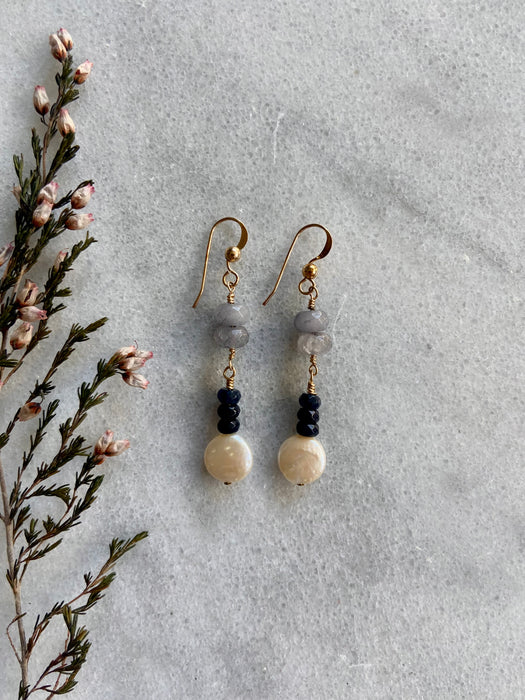 Labradorite, Dark Jade + Coin Pearl 14kt GF Earrings