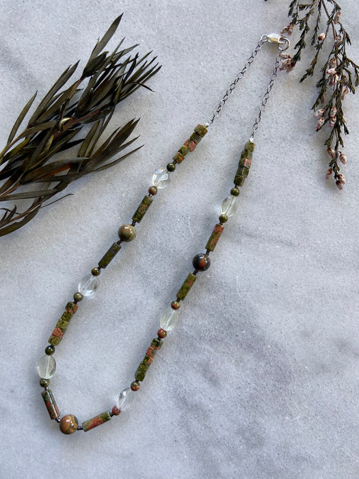 Unakite + Quartz Sterling Chain Necklace