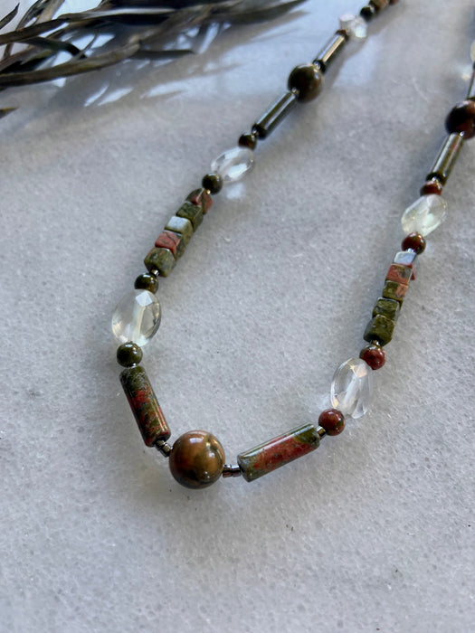 Unakite + Quartz Sterling Chain Necklace