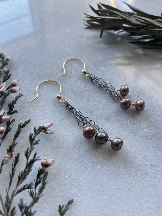 Mauve Pearl Mixed Metal Chain Drop Earrings