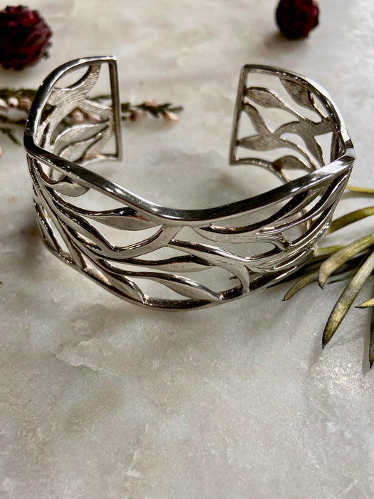 Vintage Solid Sterling Leaf Cutout Cuff Bracelet