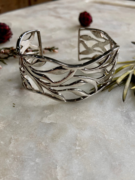 Vintage Solid Sterling Leaf Cutout Cuff Bracelet