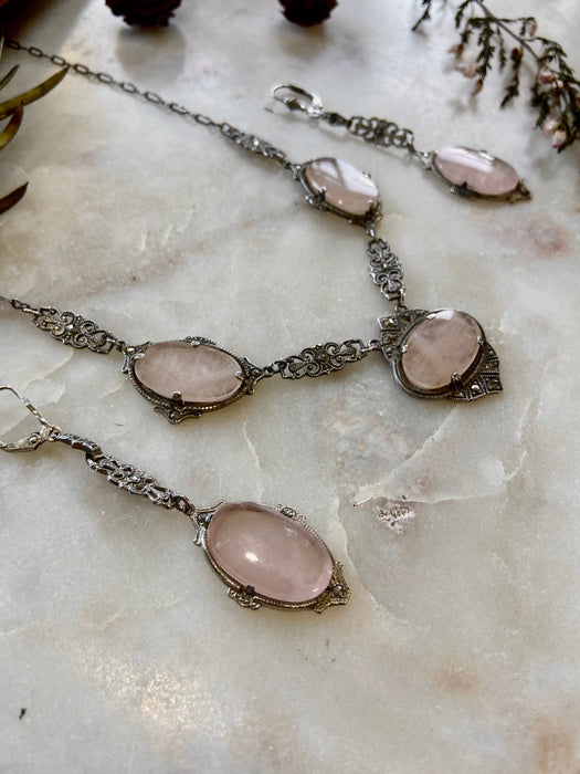 Rare Antique 1930s Rose Quartz Sterling Necklace + Earrings Set