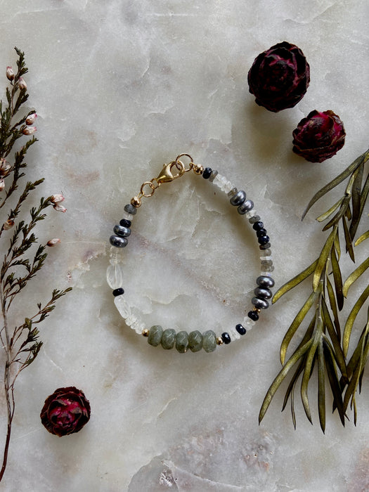 Gray Pearl, Labradorite + Rainbow Moonstone 14kt GF Bracelet