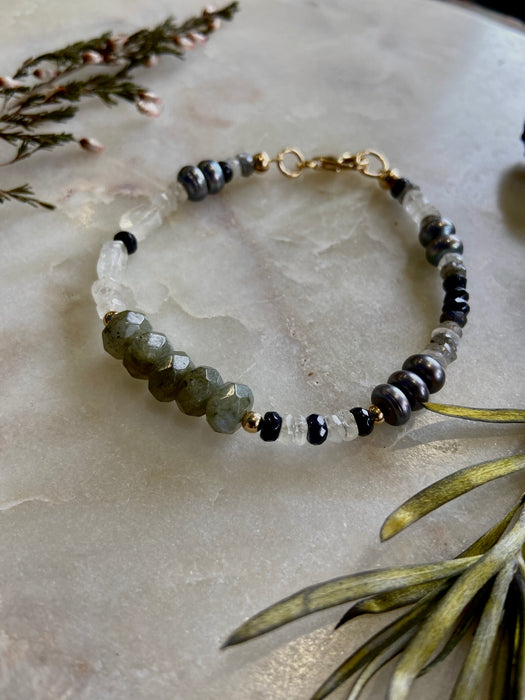 Gray Pearl, Labradorite + Rainbow Moonstone 14kt GF Bracelet