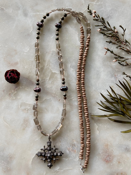 Antique Sterling Cross Smokey Quartz Beaded Necklace