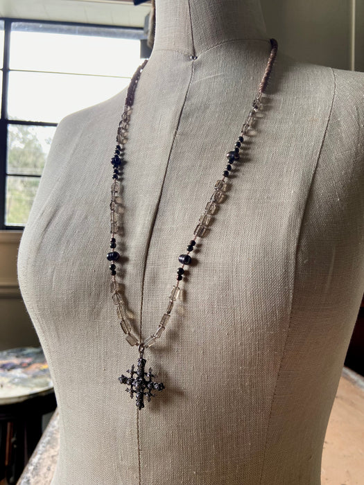 Antique Sterling Cross Smokey Quartz Beaded Necklace