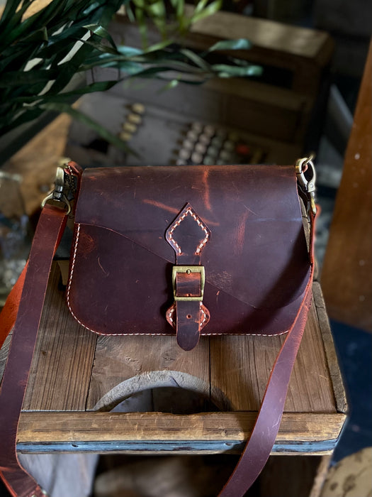 Cara Weathered Hand-Stitched Crossbody Purse - Dark Cherry