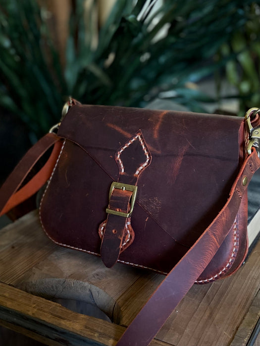 Cara Weathered Hand-Stitched Crossbody Purse - Dark Cherry