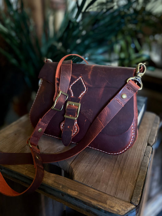 Cara Weathered Hand-Stitched Crossbody Purse - Dark Cherry