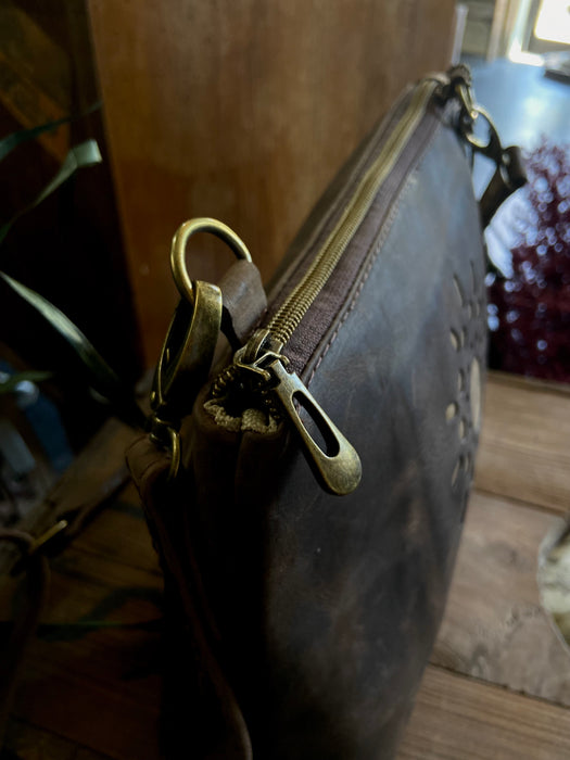 Edinburgh Cut Out Leather Crossbody Purse - Weathered Medium Brown