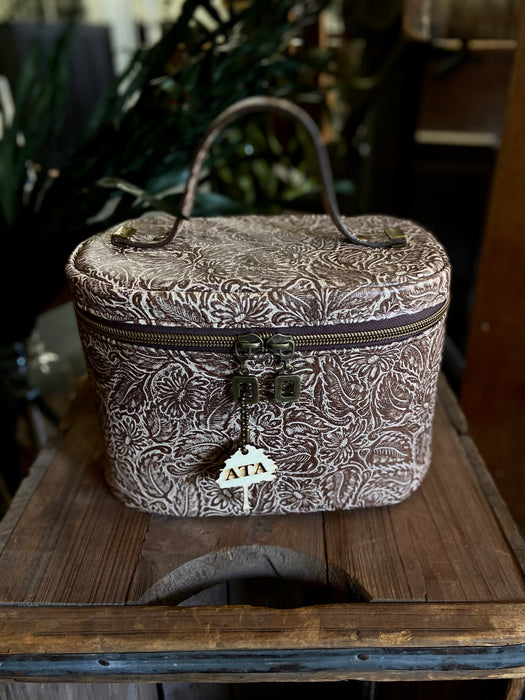 Tooled Leather Train Case - Two Tone Brown Floral