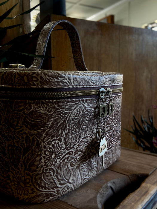 Tooled Leather Train Case - Two Tone Brown Floral