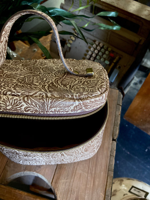 Tooled Leather Train Case - Two Tone Brown Floral