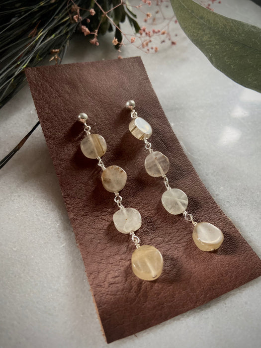 Rutilated Quartz Disk Ladder Sterling Post Earrings