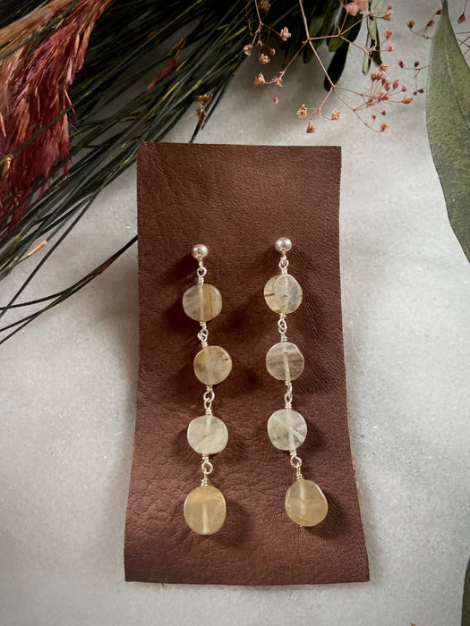 Rutilated Quartz Disk Ladder Sterling Post Earrings