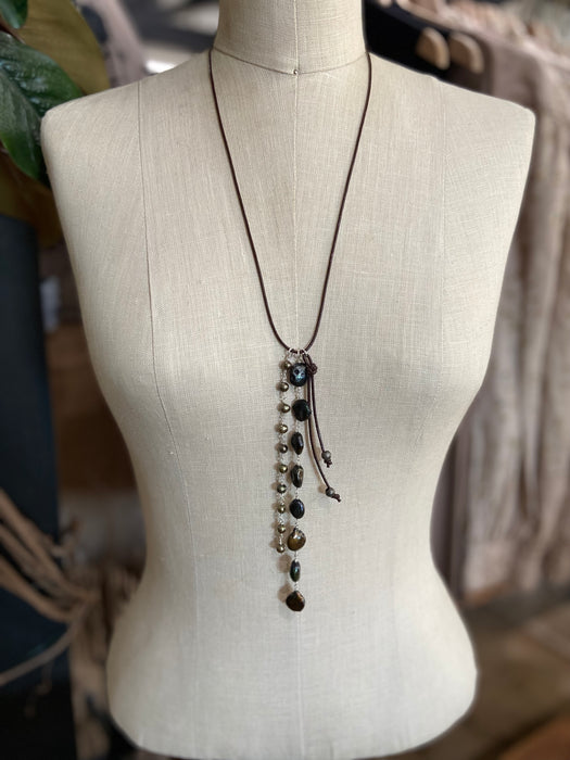 Dark Pearl + Leather Adjustable Tassel Necklace