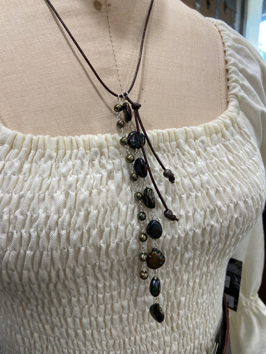 Dark Pearl + Leather Adjustable Tassel Necklace