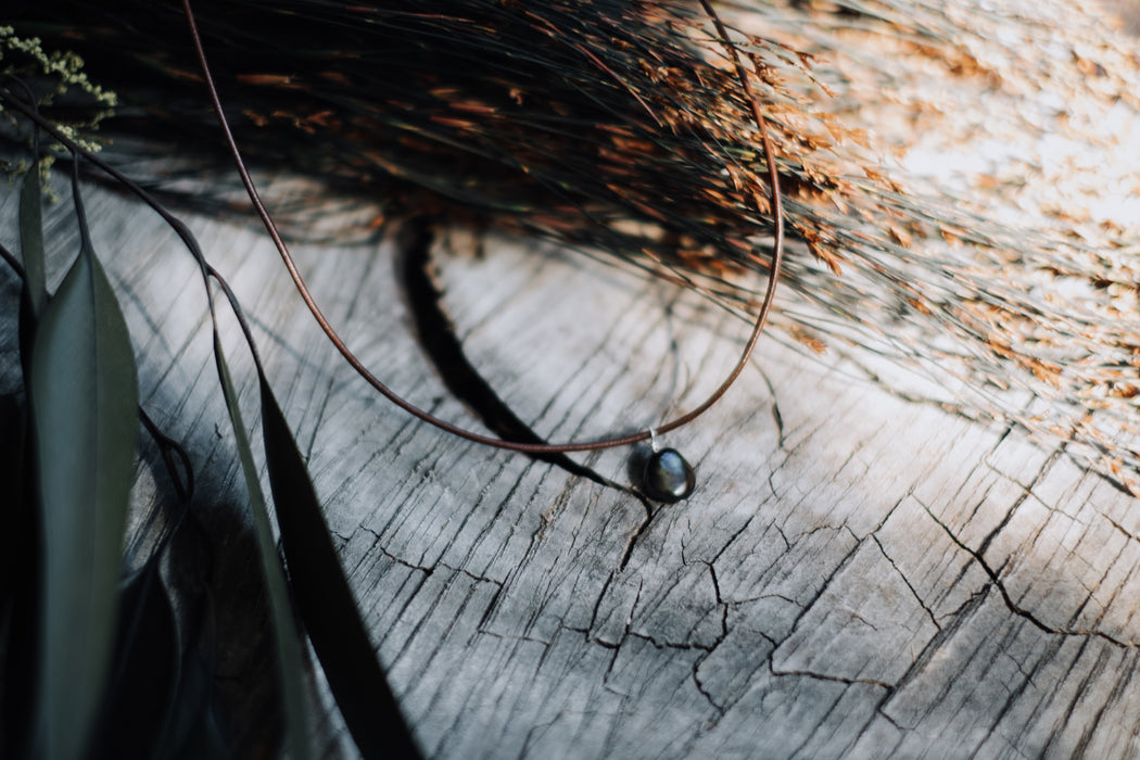 Plum Pearl + Leather Necklace