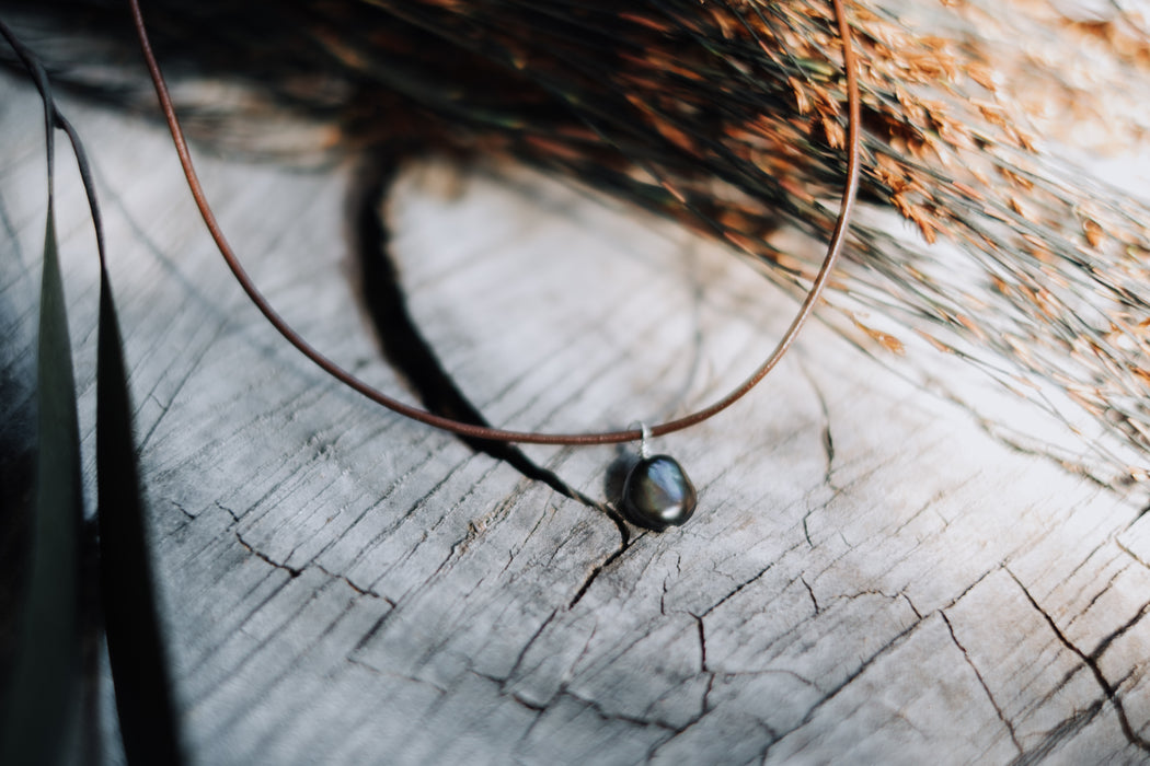 Plum Pearl + Leather Necklace