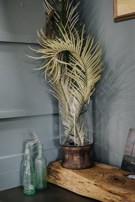 Large Wood Base Glass Vase