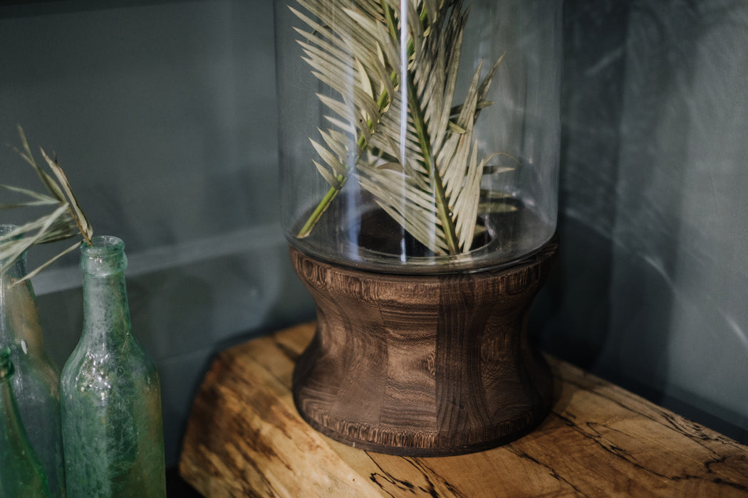 Large Wood Base Glass Vase