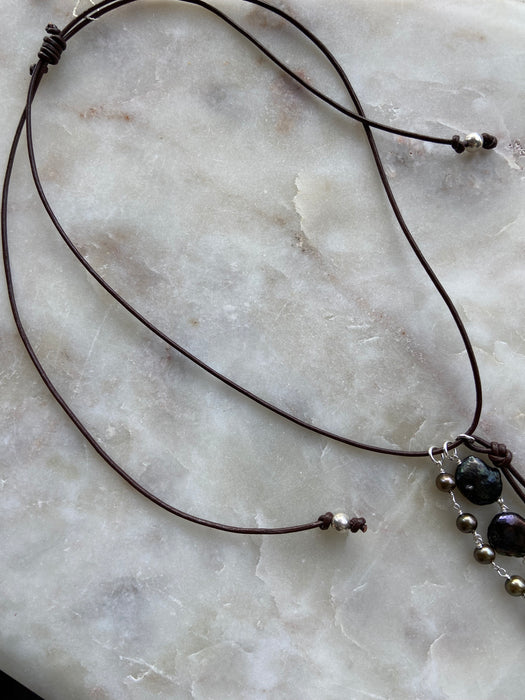 Dark Pearl + Leather Adjustable Tassel Necklace